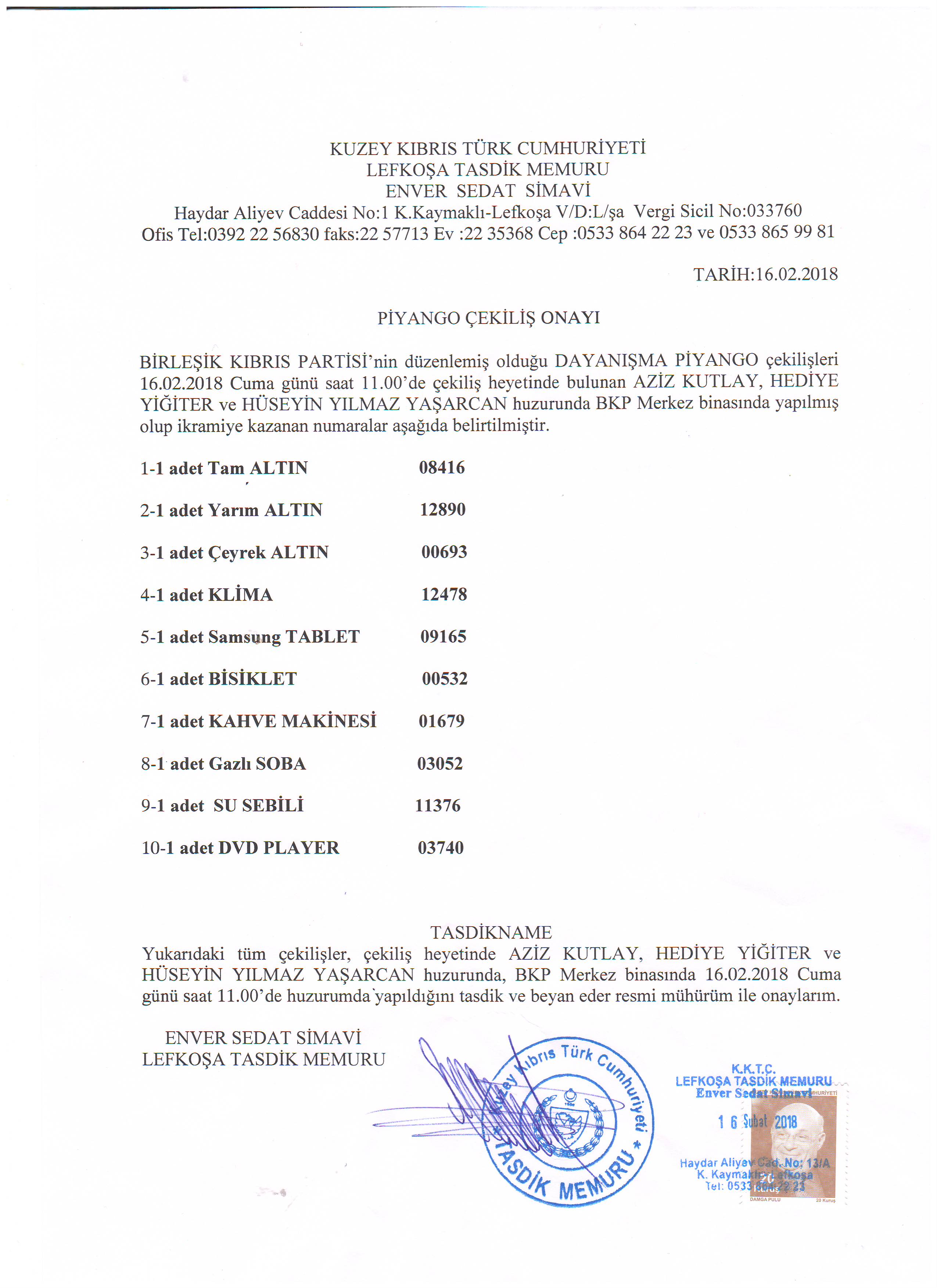 Birleşik Kıbrıs Partisi Dayanışma Piyangosu çekildi.